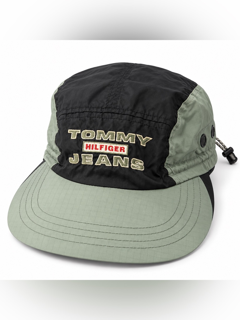 Vintage Y2K Tommy Hilfiger Jeans Nylon Hat Black Sage Green Adjustable Cap OSFA